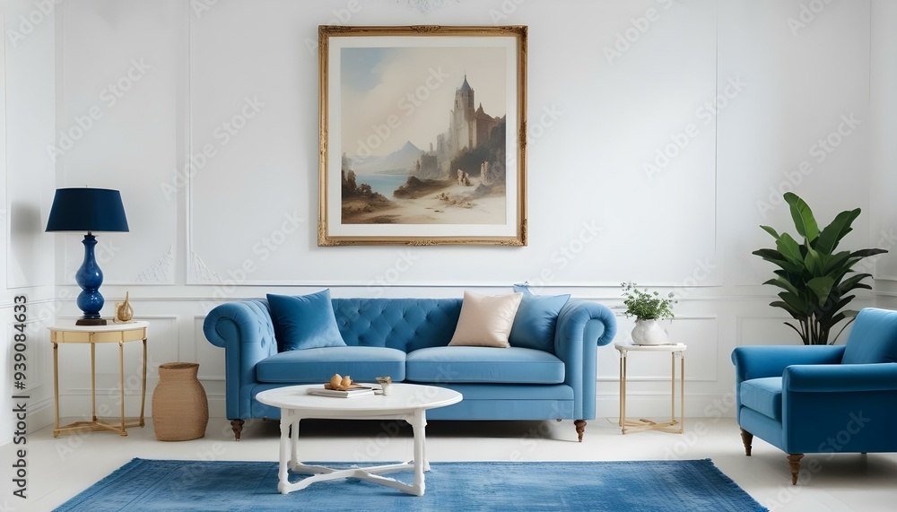 Interior mockup In a white room a blue sofa is placed next to a photo frame on the wall Interior mockup In a white room a blue sofa is placed next to a photo frame on the wall