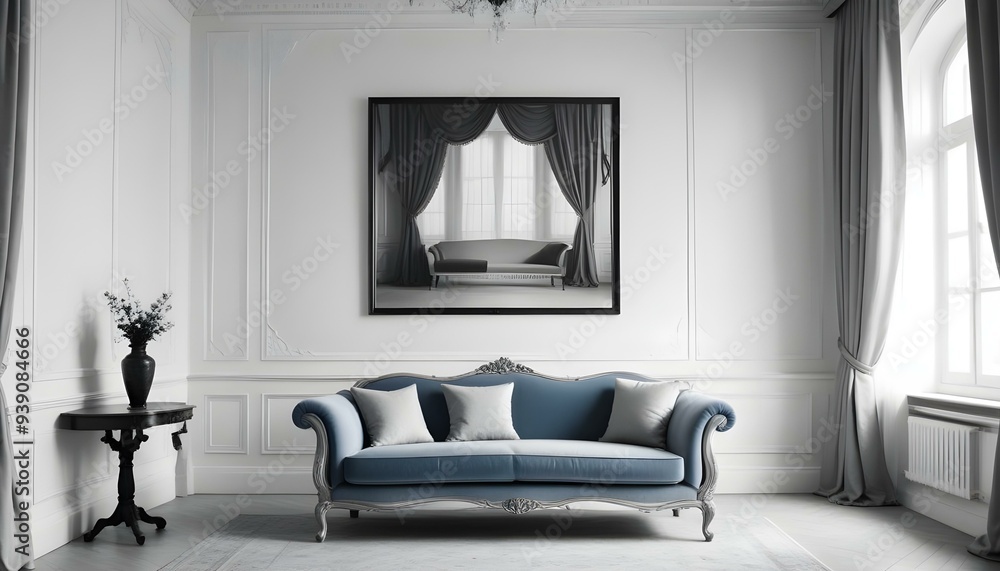 Interior mockup In a white room a blue sofa is placed next to a photo frame on the wall Interior mockup In a white room a blue sofa is placed next to a photo frame on the wall