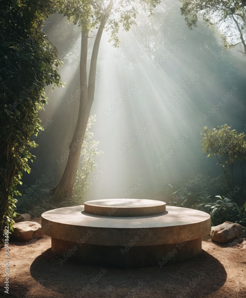 empty natural podium or pedestal in the middle of forest with volumetric light leaks for product ads showcase presentation empty natural podium or pedestal in the middle of forest with volumetric light leaks for product ads showcase presentation