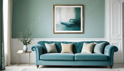 Interior mockup In a white room a blue sofa is placed next to a photo frame on the wall