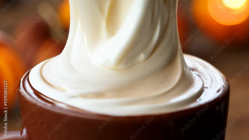 cream being poured into a pumpkin spice latte in a coffee mug, high-resolution, professional photograph, super-resolution en cream being poured into a pumpkin spice latte in a coffee mug, high-resolution, professional photograph, super-resolution en