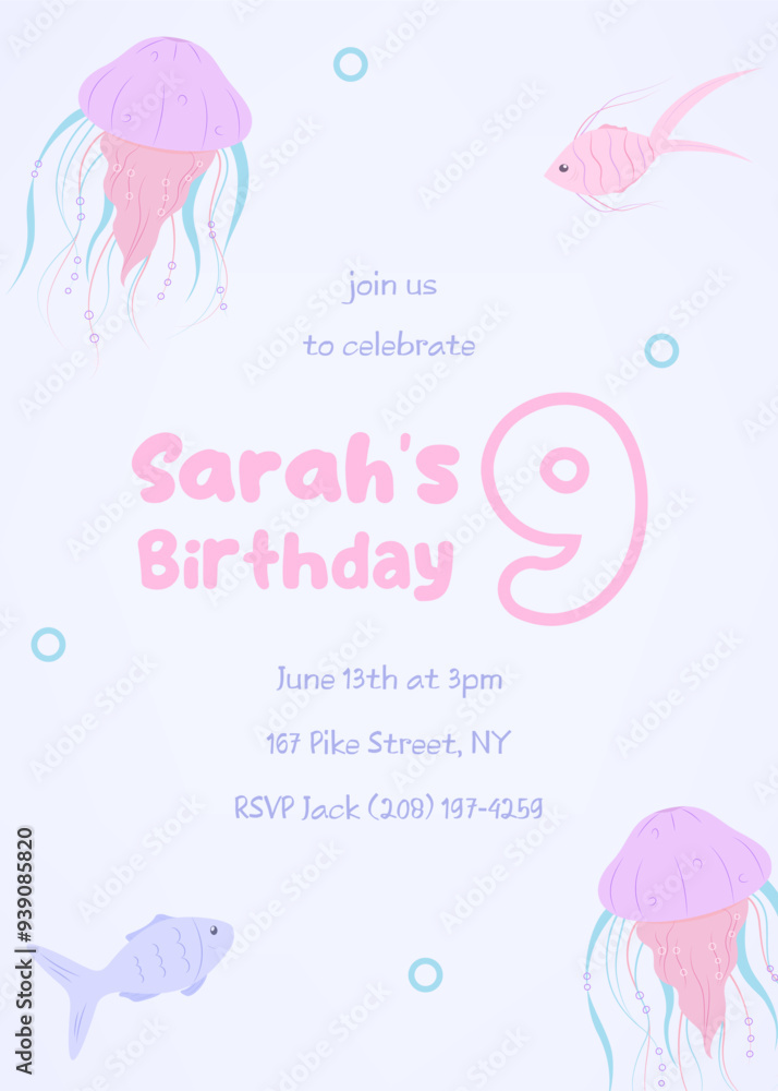 Charming pink under-the-sea ninth birthday card. Cute invitation featuring marine animals like fish and jellyfish in a soft flat style. Charming pink under-the-sea ninth birthday card. Cute invitation featuring marine animals like fish and jellyfish in a soft flat style.