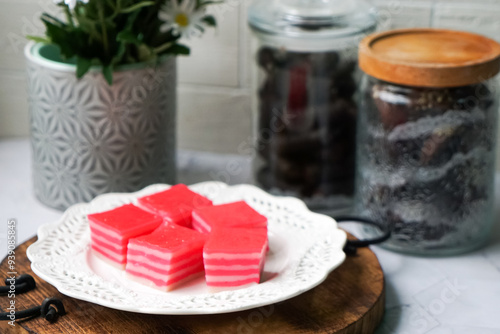 Kuih Lapis, a traditional steamed cake and dessert, made from rice flour, corn flour, wheat flour and coconut milk. Popular for breakfast and tea in Malaysia, Indonesia, Brunei and Singapore. photo