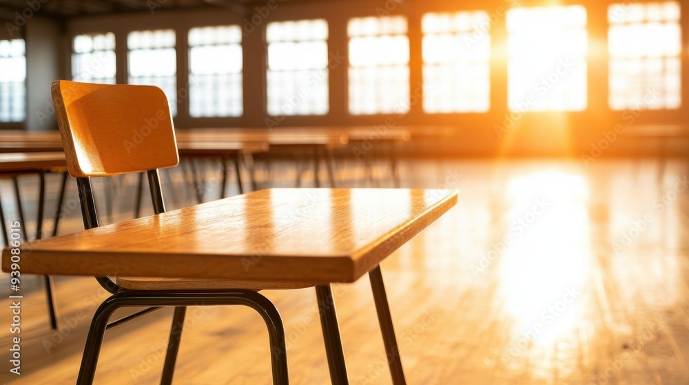 Tranquil Study Environment with Sunlit Wooden Classroom Desk and Empty Chair in Rustic Setting Tranquil Study Environment with Sunlit Wooden Classroom Desk and Empty Chair in Rustic Setting