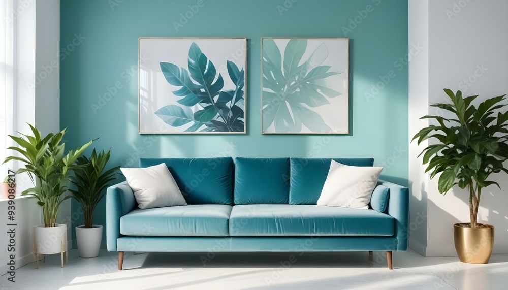 Interior mockup In a white room a blue sofa is placed next to a photo frame on the wall Interior mockup In a white room a blue sofa is placed next to a photo frame on the wall
