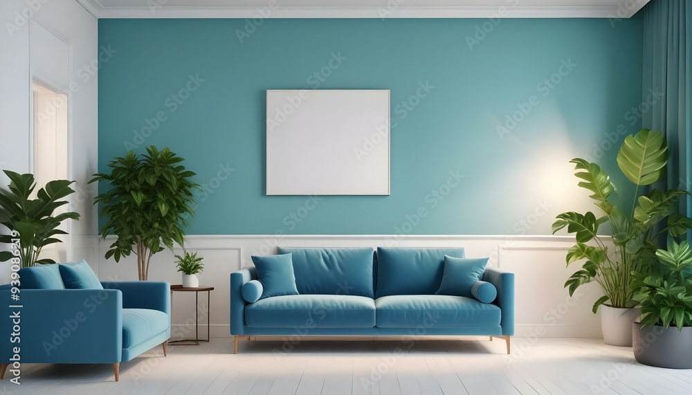 Interior mockup In a white room a blue sofa is placed next to a photo frame on the wall Interior mockup In a white room a blue sofa is placed next to a photo frame on the wall