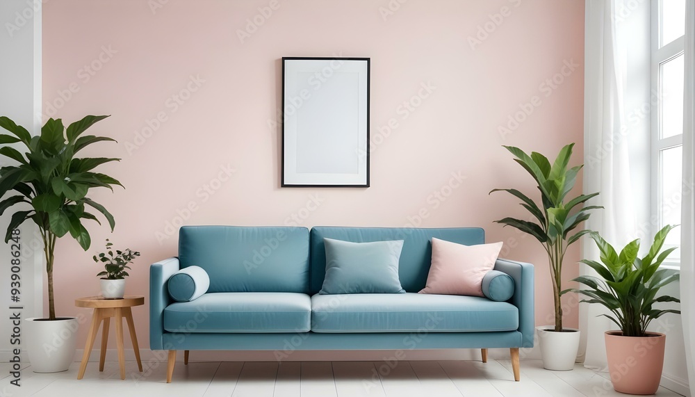 Interior mockup In a white room a blue sofa is placed next to a photo frame on the wall Interior mockup In a white room a blue sofa is placed next to a photo frame on the wall