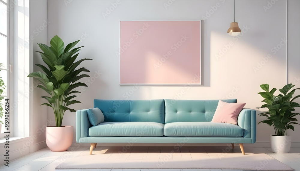 Interior mockup In a white room a blue sofa is placed next to a photo frame on the wall Interior mockup In a white room a blue sofa is placed next to a photo frame on the wall