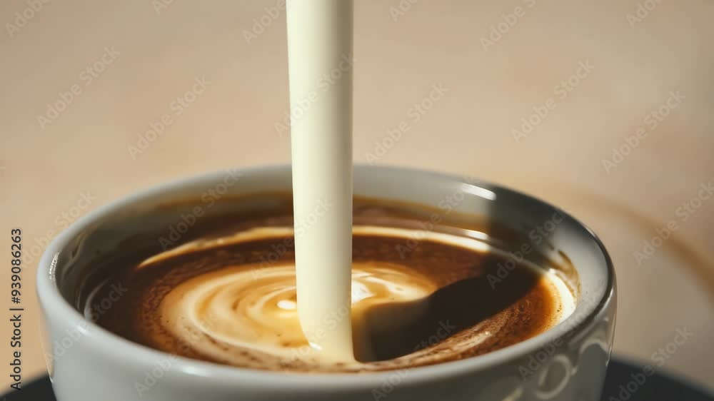 latte art in coffee cup, milk being poured from above latte art in coffee cup, milk being poured from above
