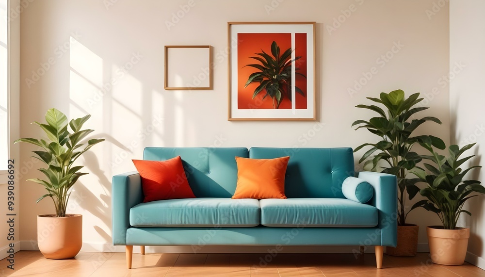 Interior mockup In a white room a blue sofa is placed next to a photo frame on the wall Interior mockup In a white room a blue sofa is placed next to a photo frame on the wall
