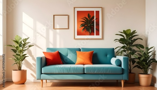 Interior mockup In a white room a blue sofa is placed next to a photo frame on the wall