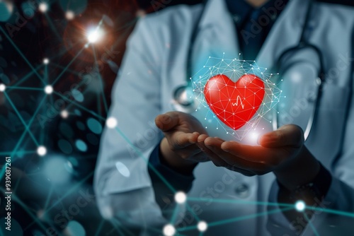 Medicine doctor holding red heart shape in hand with medical icon network connection modern virtual screen interface, AI Generative