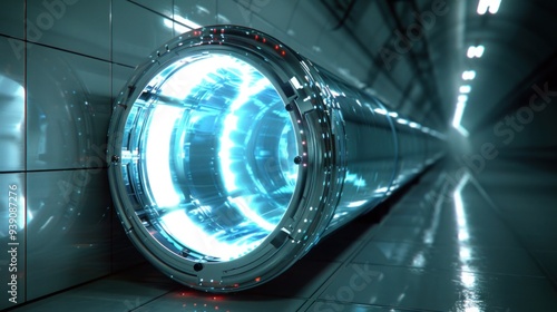 Futuristic Hyperspace Tunnel with Glowing Lights and High-Tech Design for Sci-Fi and Technology Concepts