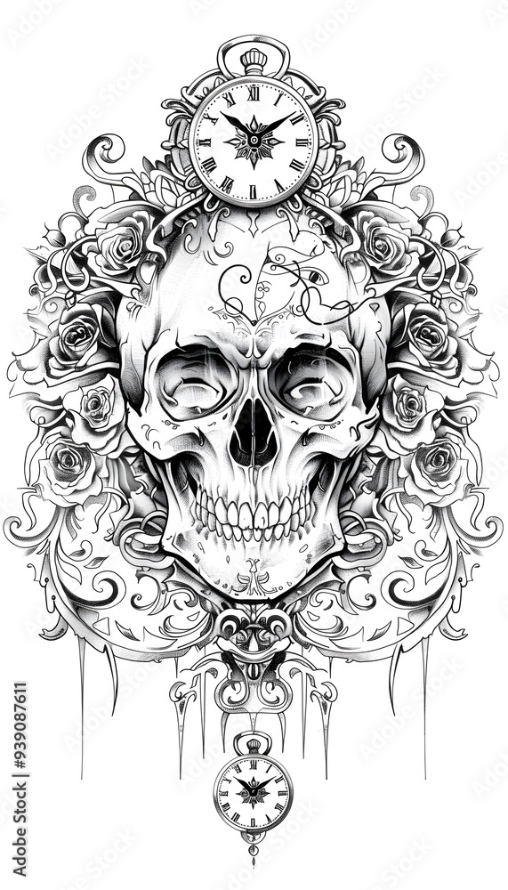 Tribal Skull and Pocket Watch Tattoo black and white illustration Tribal Skull and Pocket Watch Tattoo black and white illustration