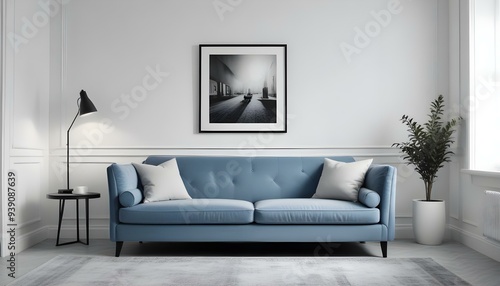 Interior mockup In a white room a blue sofa is placed next to a photo frame on the wall