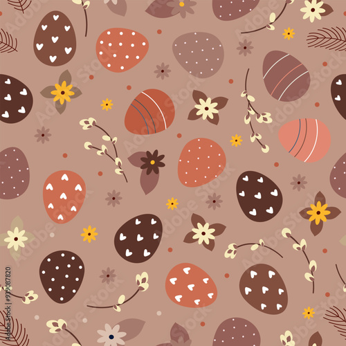 seamless background of Easter eggs and flowers and pussy willow