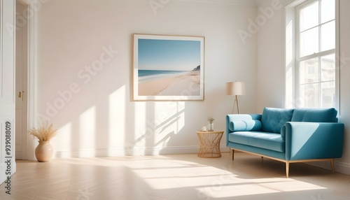 Interior mockup In a white room a blue sofa is placed next to a photo frame on the wall