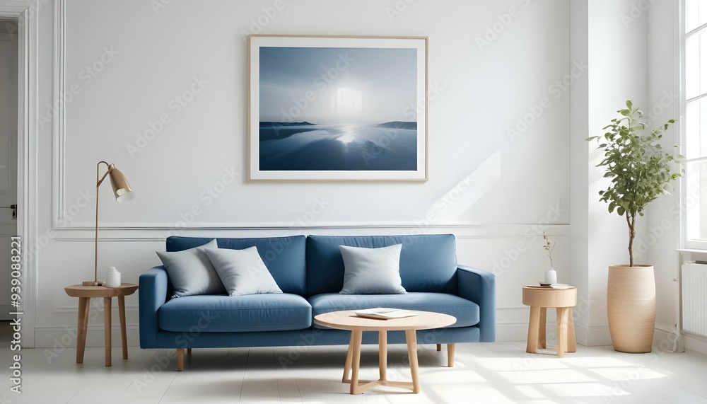 Interior mockup In a white room a blue sofa is placed next to a photo frame on the wall Interior mockup In a white room a blue sofa is placed next to a photo frame on the wall