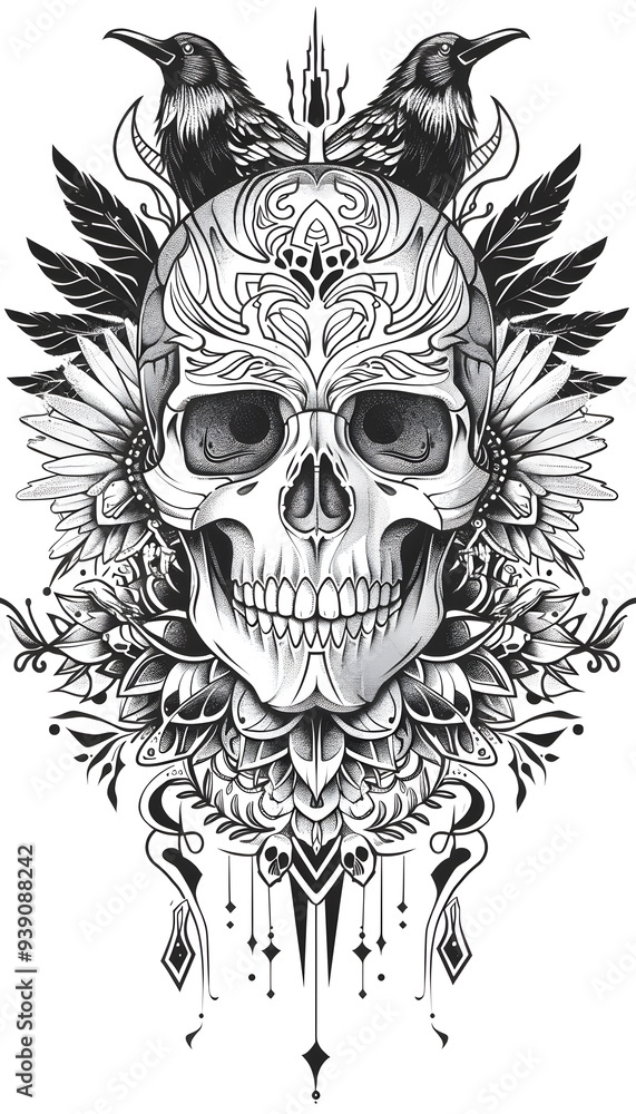 Tribal Skull and Raven Tattoo black and white illustration Tribal Skull and Raven Tattoo black and white illustration
