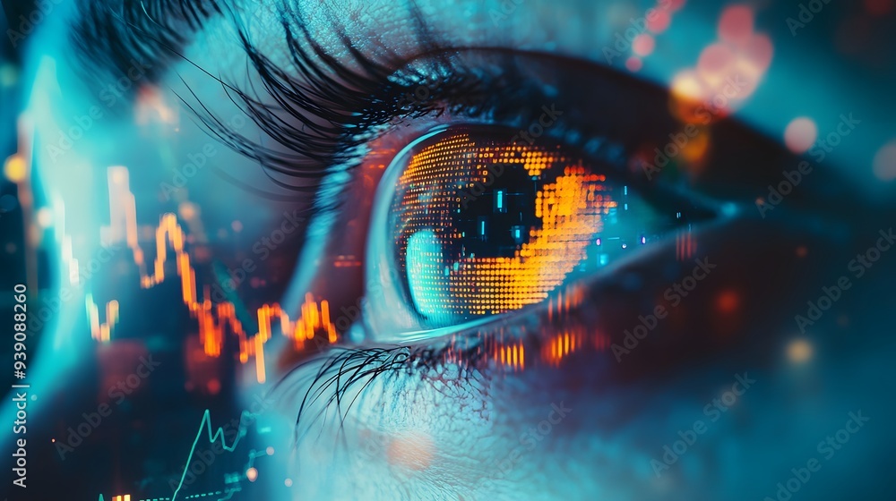 A stock market chart is seen behind an eye, with digital lines and charts moving in the background, representing data technology and financial trading A stock market chart is seen behind an eye, with digital lines and charts moving in the background, representing data technology and financial trading