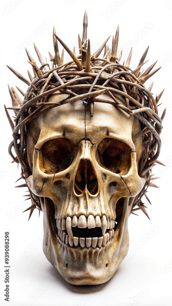 A skull wearing a crown made of thorns on a white background. A skull wearing a crown made of thorns on a white background.