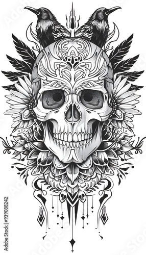 Tribal Skull and Raven Tattoo black and white illustration