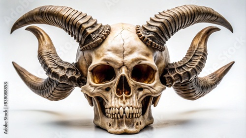 A skull with horns and demonic features on a white background.