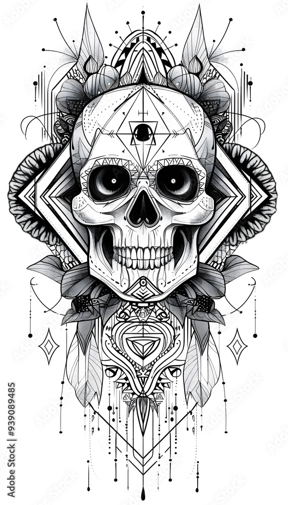 Obraz premium Tribal Skull and Sacred Geometry Tattoo black and white illustration
