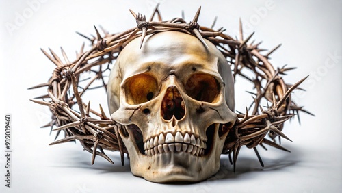 A skull wearing a crown made of thorns on a white background.