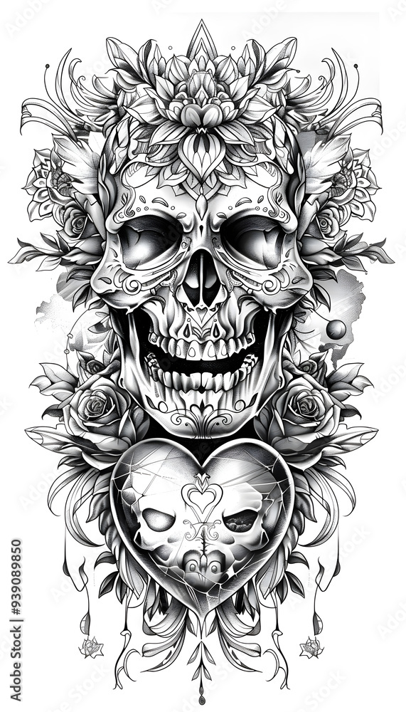 Tribal Skull and Sacred Heart Tattoo black and white illustration Tribal Skull and Sacred Heart Tattoo black and white illustration