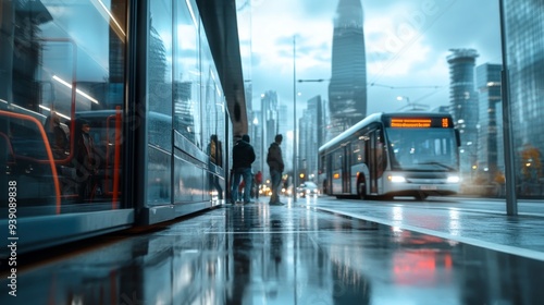 Close-up of a transportation hub with passengers boarding a modern bus and the city skyline in the background