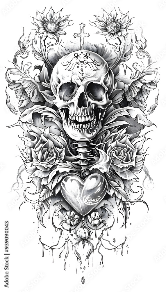 Tribal Skull and Sacred Heart Tattoo black and white illustration Tribal Skull and Sacred Heart Tattoo black and white illustration