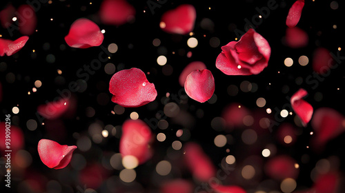 Falling red rose petals overlay on black background with bokeh effect