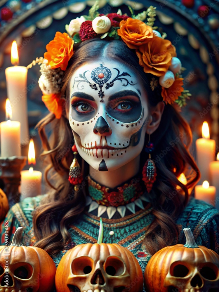 Halloween - Beautiful girl in a carnival mask Skull - the day of the dead - candles Halloween - Beautiful girl in a carnival mask Skull - the day of the dead - candles