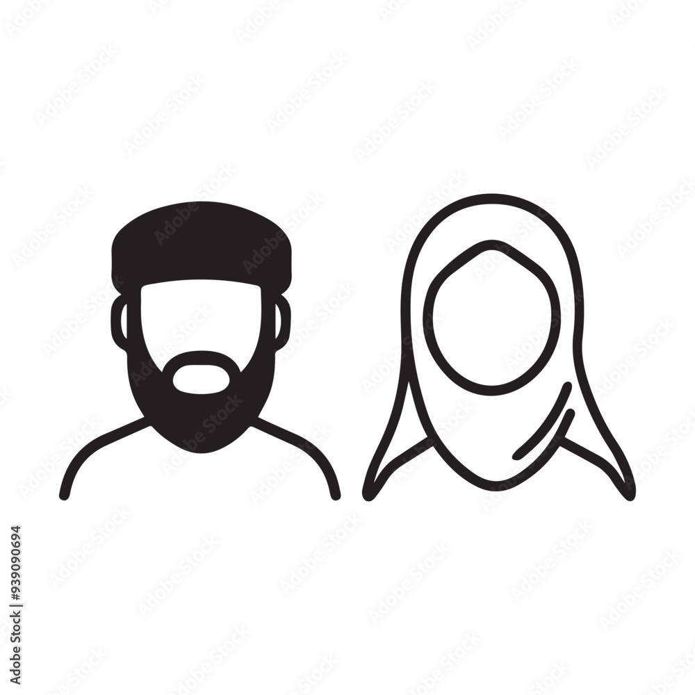 Islamic men and women icon character outline. Arabic vector design. Islamic men and women icon character outline. Arabic vector design.