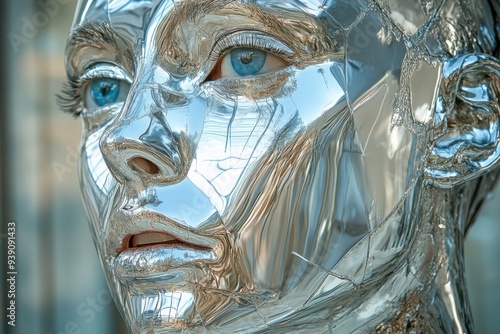 Silver statue with blue eyes and a silver face photo