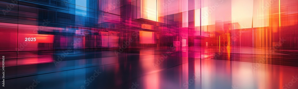 Brightly colored buildings are reflected in a shiny floor, christmas background, banner, copy space Brightly colored buildings are reflected in a shiny floor, christmas background, banner, copy space