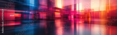 Brightly colored buildings are reflected in a shiny floor  christmas background  banner  copy space