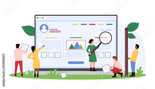 Website design or redesign process, creative interface creation. Tiny people work with magnifying glass and ruler to research and build web page wireframe in editor cartoon vector illustration