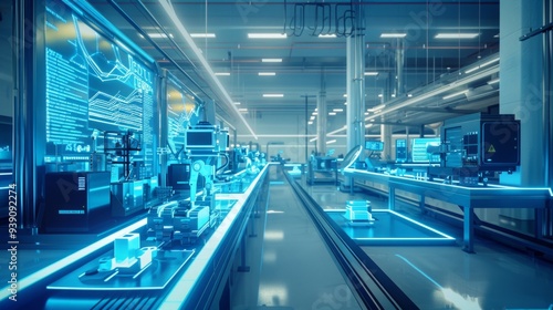 modern manufacturing shopfloor, holographic overlays symbolizing data flows between different manufacturing equipment, AI Generative