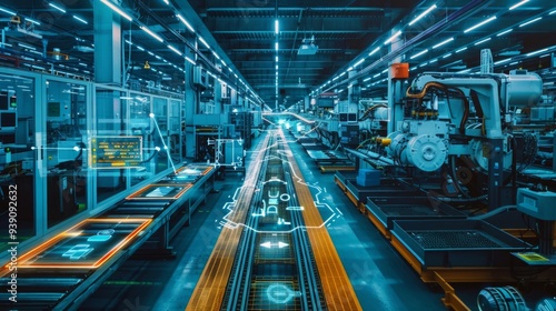 modern manufacturing shopfloor, holographic overlays symbolizing data flows between different manufacturing equipment, AI Generative