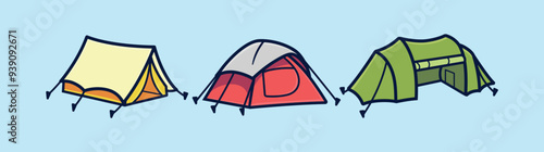 Set of colorful camp tent vectors. Different camping Tents in cartoon illustration style