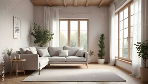 Interior mockup In a white room a blue sofa is placed next to a photo frame on the wall