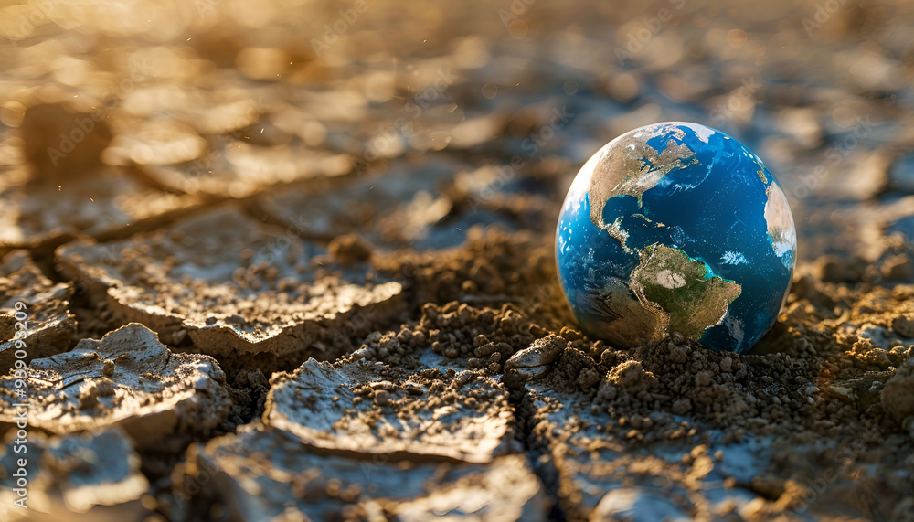 Water crisis and Climate change concept with earth planet on dry soil and water Water crisis and Climate change concept with earth planet on dry soil and water