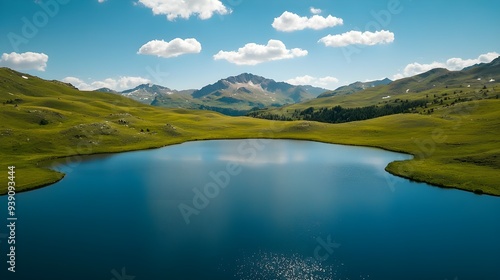 Drone shot of a serene mountain lake with a caption overlay. Perfect for outdoor and nature-themed promotions.