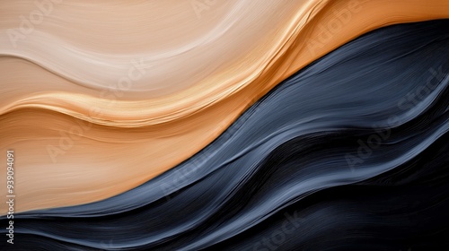 Flowing Abstract Design with Smooth Beige, Black, and Gold Curves.