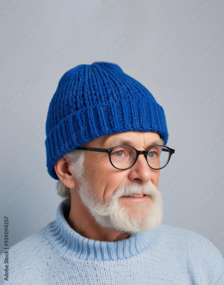 Portrait of an elderly bearded gray-haired man of 60 years old in a blue cap and glasses Portrait of an elderly bearded gray-haired man of 60 years old in a blue cap and glasses