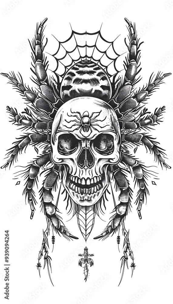 Obraz premium Tribal Skull and Tarantula Tattoo black and white illustration