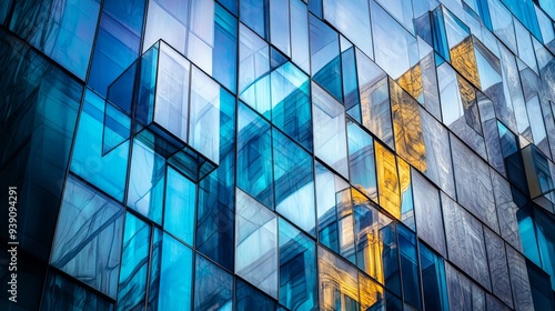Close-up of the facade of a modern skyscraper with reflective glass windows and geometric patterns