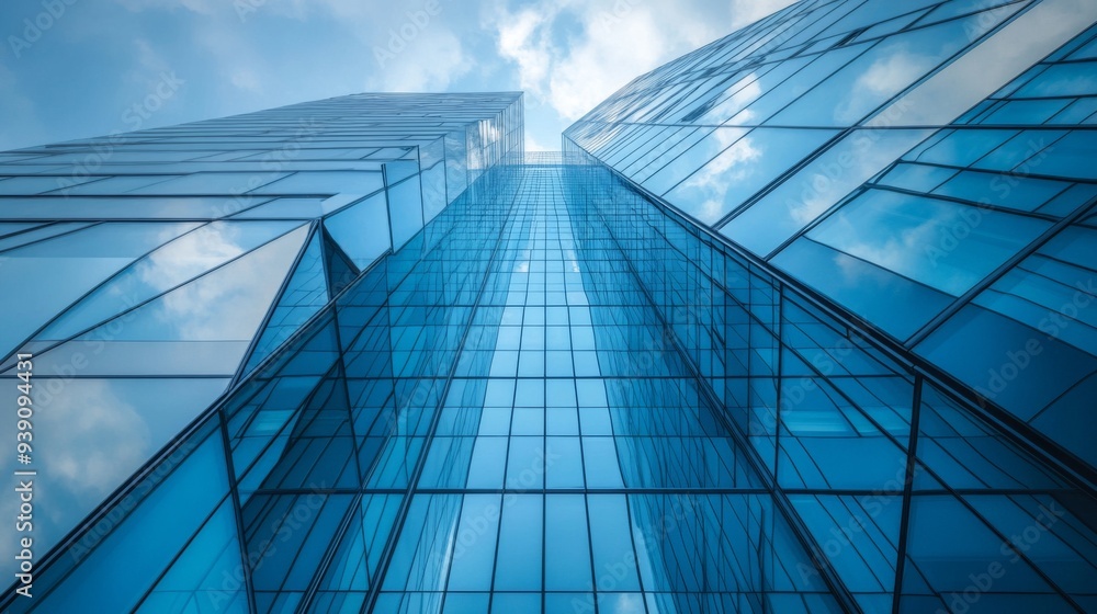 Close-up of the facade of a modern skyscraper with reflective glass windows and geometric patterns Close-up of the facade of a modern skyscraper with reflective glass windows and geometric patterns